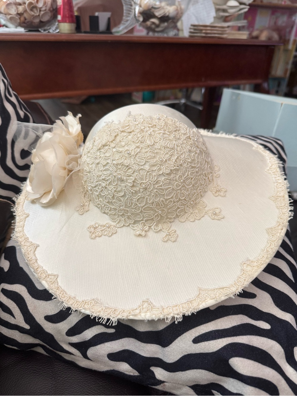 Elegant Cream Lace Wide-Brim Sun Hat with Floral Accent